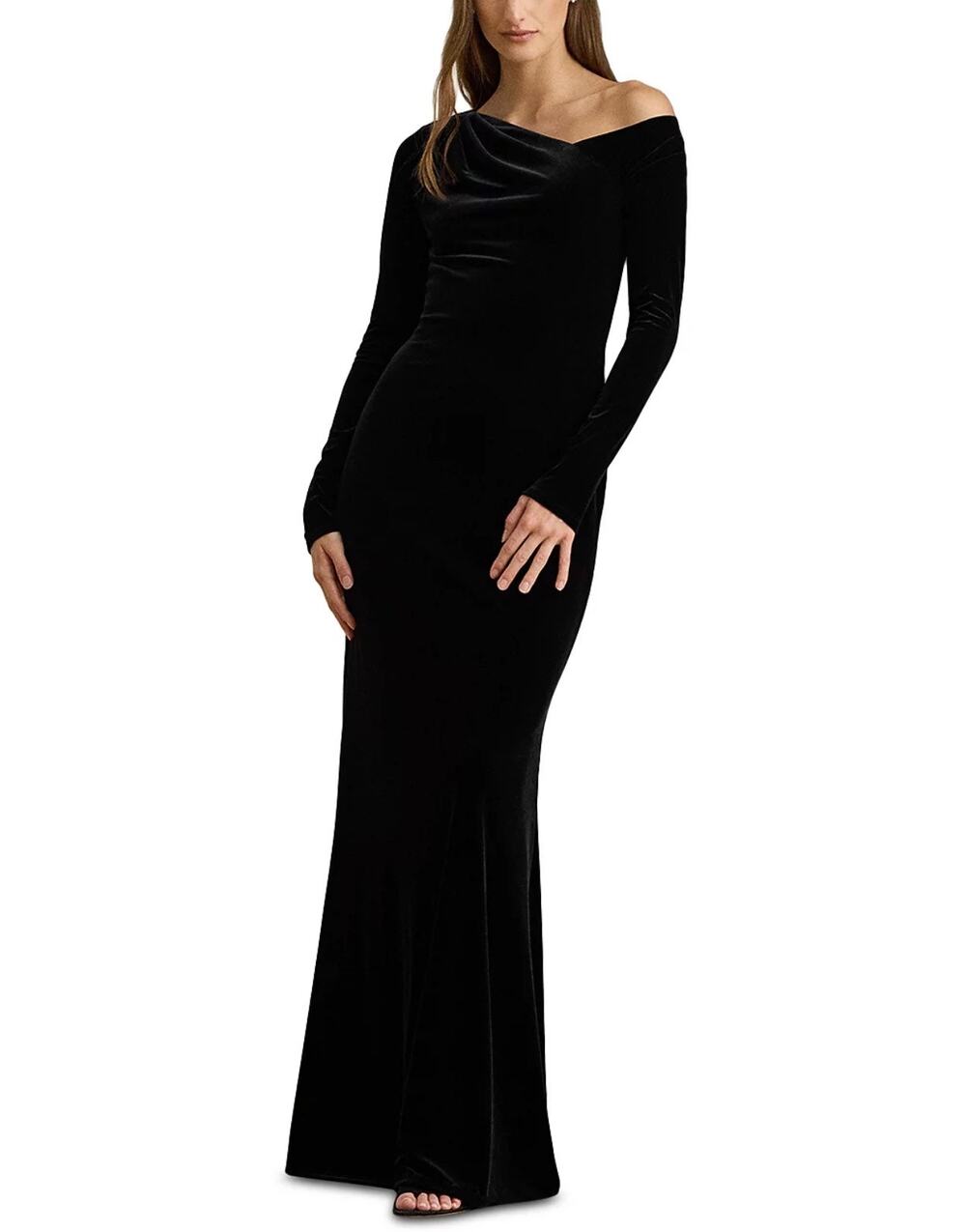 Ralph Lauren Black Evening Gown Velvet Long Sleeve Formal Column Dress Size 4